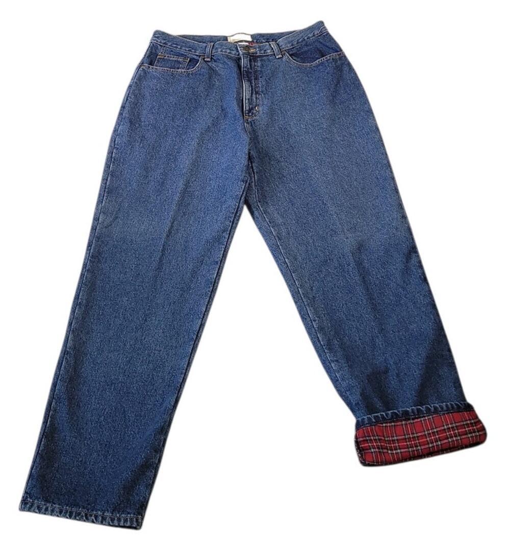 Vtg 90s L.L. Bean Plaid Flannel Lined Original Fit Denim Jeans Women’s 16 R Red